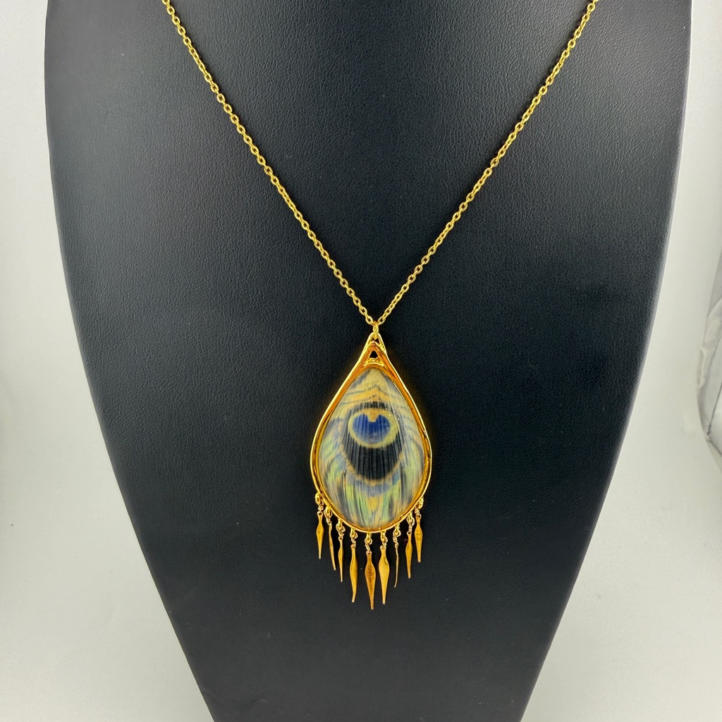 Alexis Bittar Alexandria Peacock Tear Drop Lucite Golden Trim Necklace